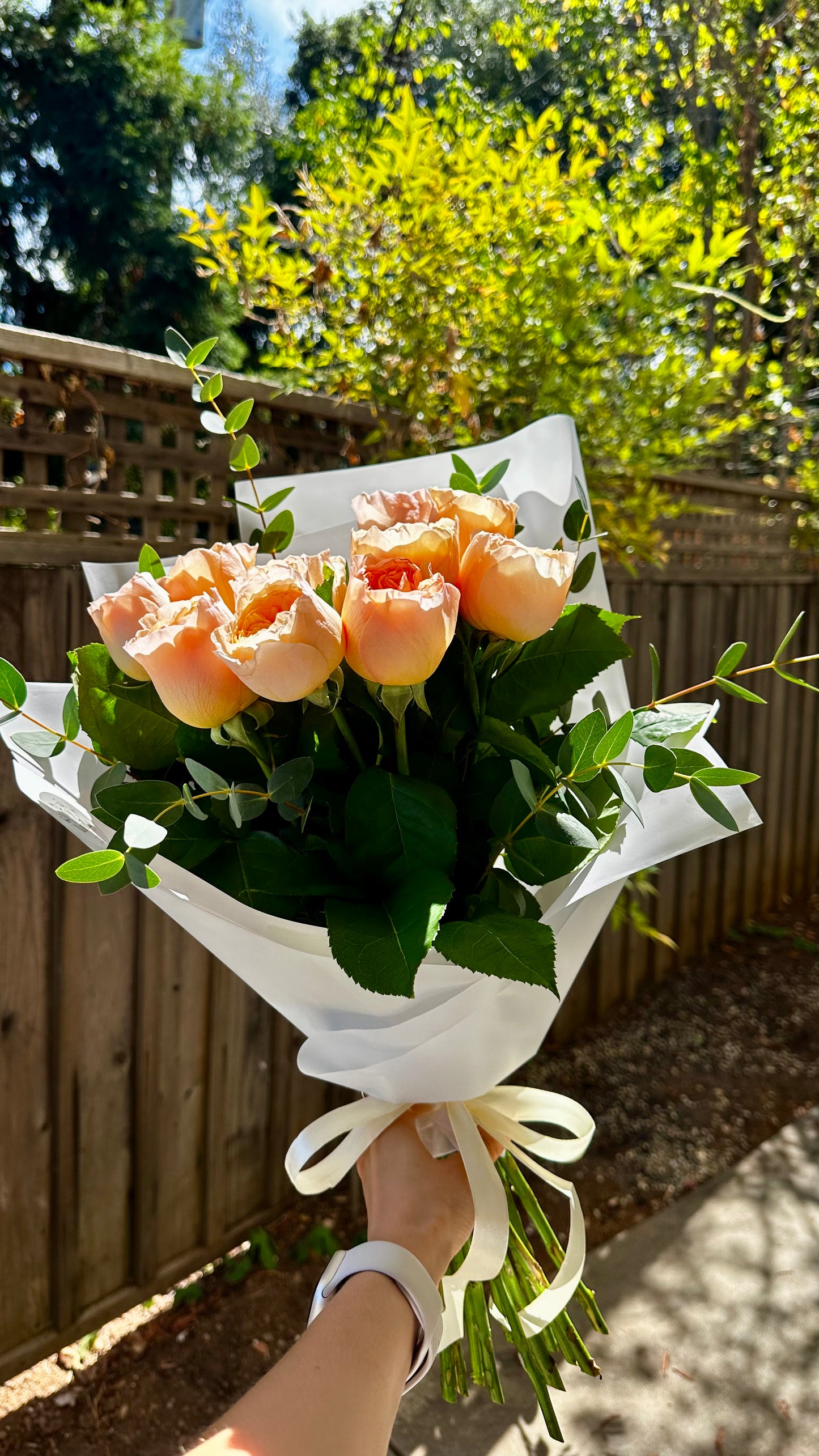Golden Hour – Peach Rose Bouquet with Eucalyptus | Bay Area Flower Delivery