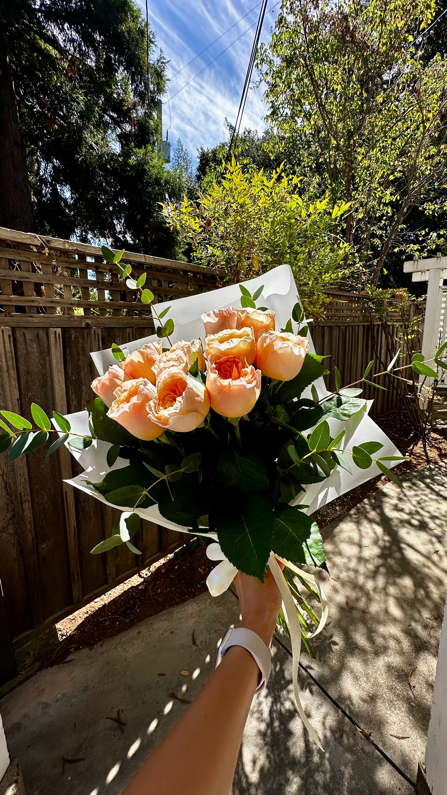Golden Hour – Peach Rose Bouquet with Eucalyptus | Bay Area Flower Delivery