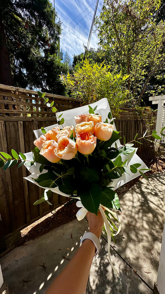 Golden Hour – Peach Rose Bouquet with Eucalyptus | Bay Area Flower Delivery